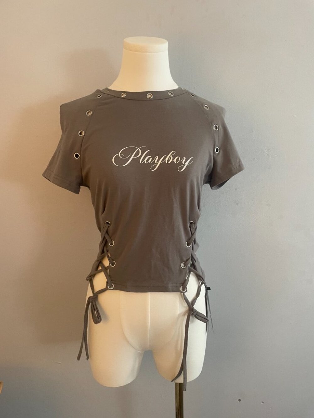 Playboy X Missguided Gray Graphic Lace Up T-Shirt Size M